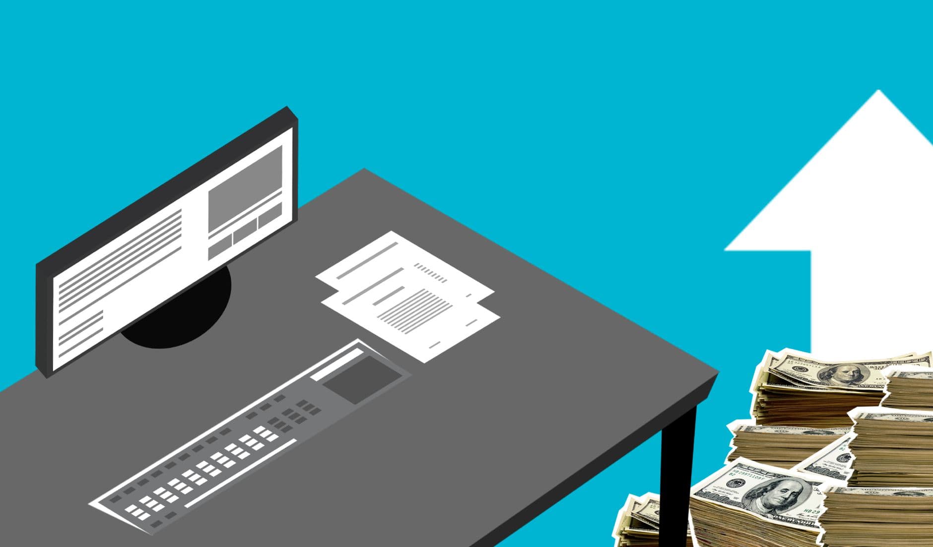 Illustration of a workspace with banknotes and an upward trending arrow
